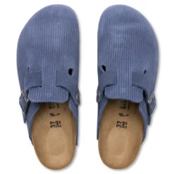 Birkenstock Women's Narrow Boston Suede Embossed - Indigo Blue -Shoe Series Store Women s Narrow Boston Suede Corduroy Indigo 1026182 08 06 23 Feature VR